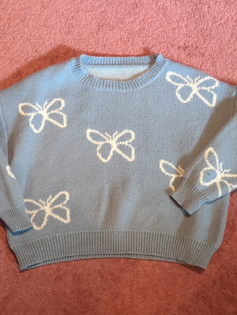 SHEIN Blue Crewneck Sweater with Cream Butterfly Motif (Free With $50 Purchase)